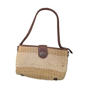 Coldwater Creek Woven Straw Shoulder‎ Bag Brown Leather Trim Heart Accent